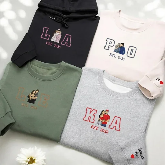 Forlovever Personalized Embroidered Photo Couple Initial Est Year Crewneck/Hoodie/T-shirt