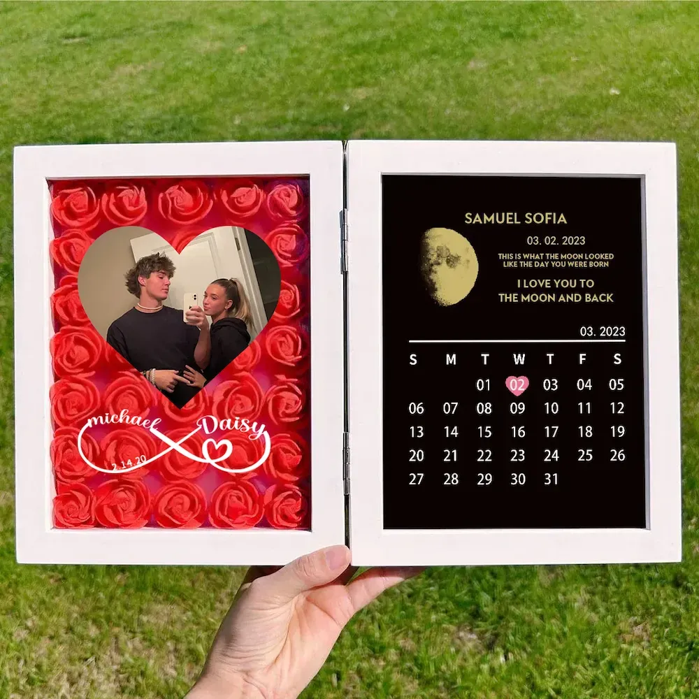 (Infinity Sign With Names) Custom Flowers Frame with REAL MOON PHASE Anniversary Calendar🌺