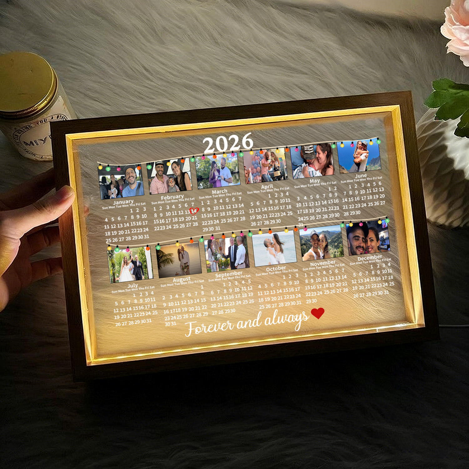 Custom 2026 Calendar LED Light Frame with Photo