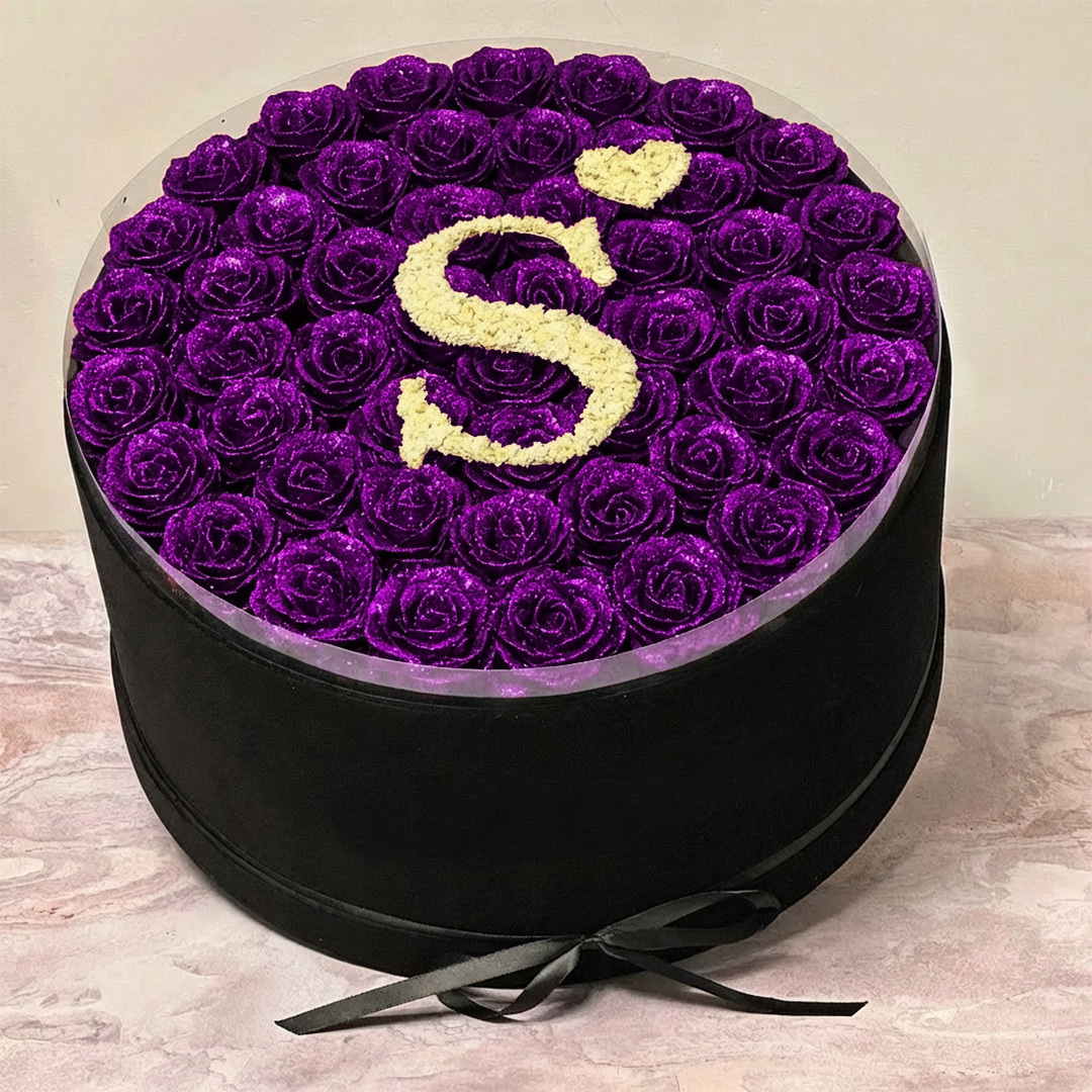 Circle Glitter Rose Box With Initial Couple Gift