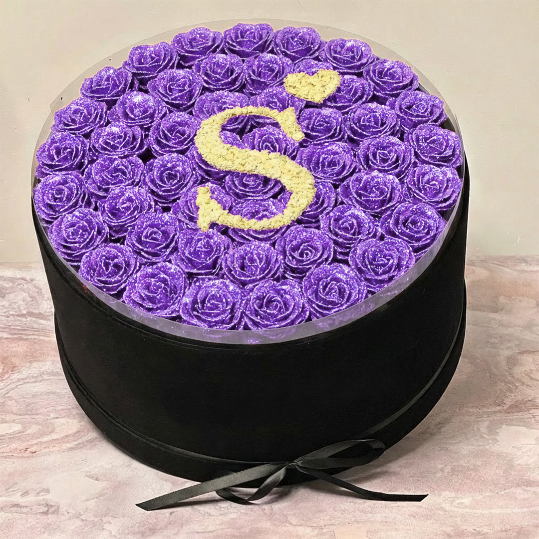 Circle Glitter Rose Box With Initial Couple Gift