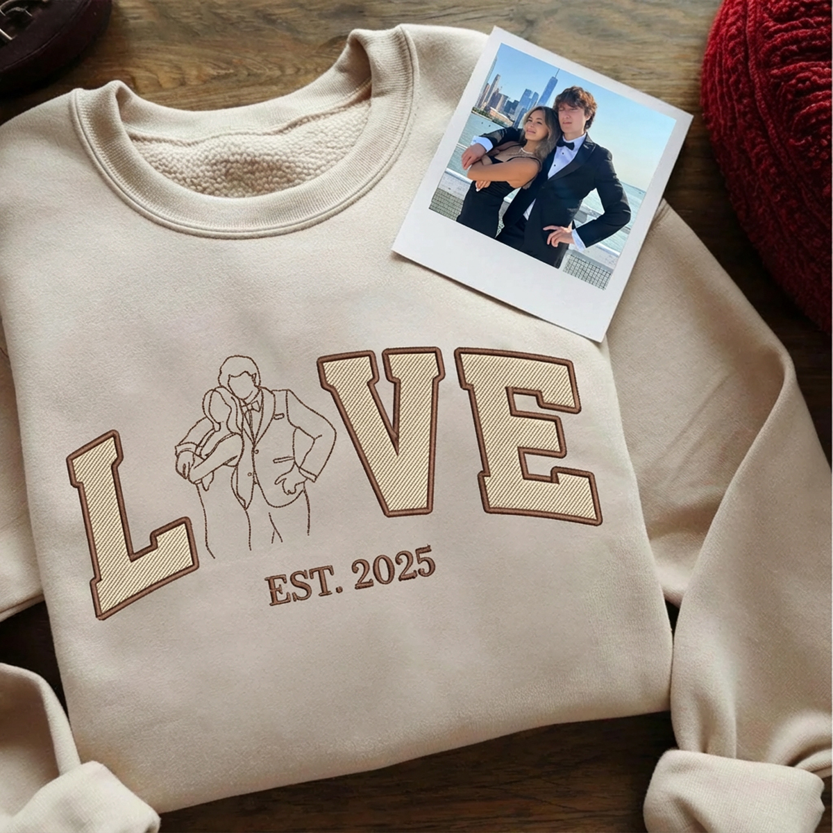 Custom Embroidered Outline Photo Couple LOVE Est Year Sweatshirt/Hoodie/T-shirt