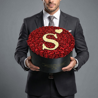 Circle Glitter Rose Box With Initial Couple Gift