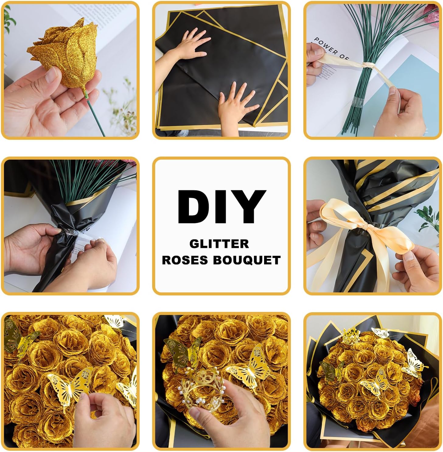 Gold Glitter Rose Bouquet-Couple Glitter Everlasting Rose Bouquet (Never Wither)