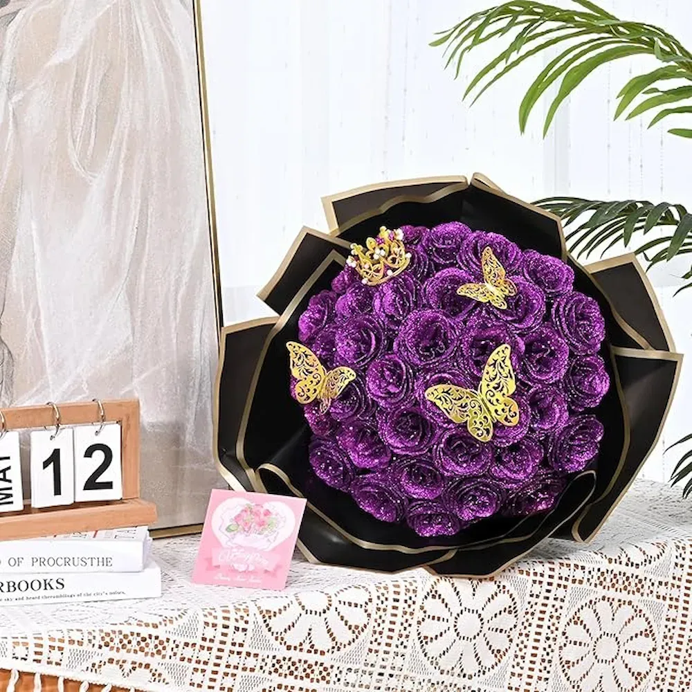 Purple Glitter Rose Bouquet-Couple Glitter Everlasting Rose Bouquet (Never Wither)