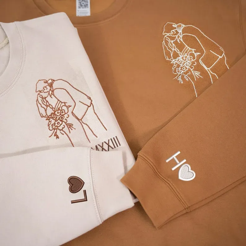 Forlovever Custom Couple Photo Outline Embroidered Roman Numeral Anniversary T-Shirt Sweatshirt Hoodie