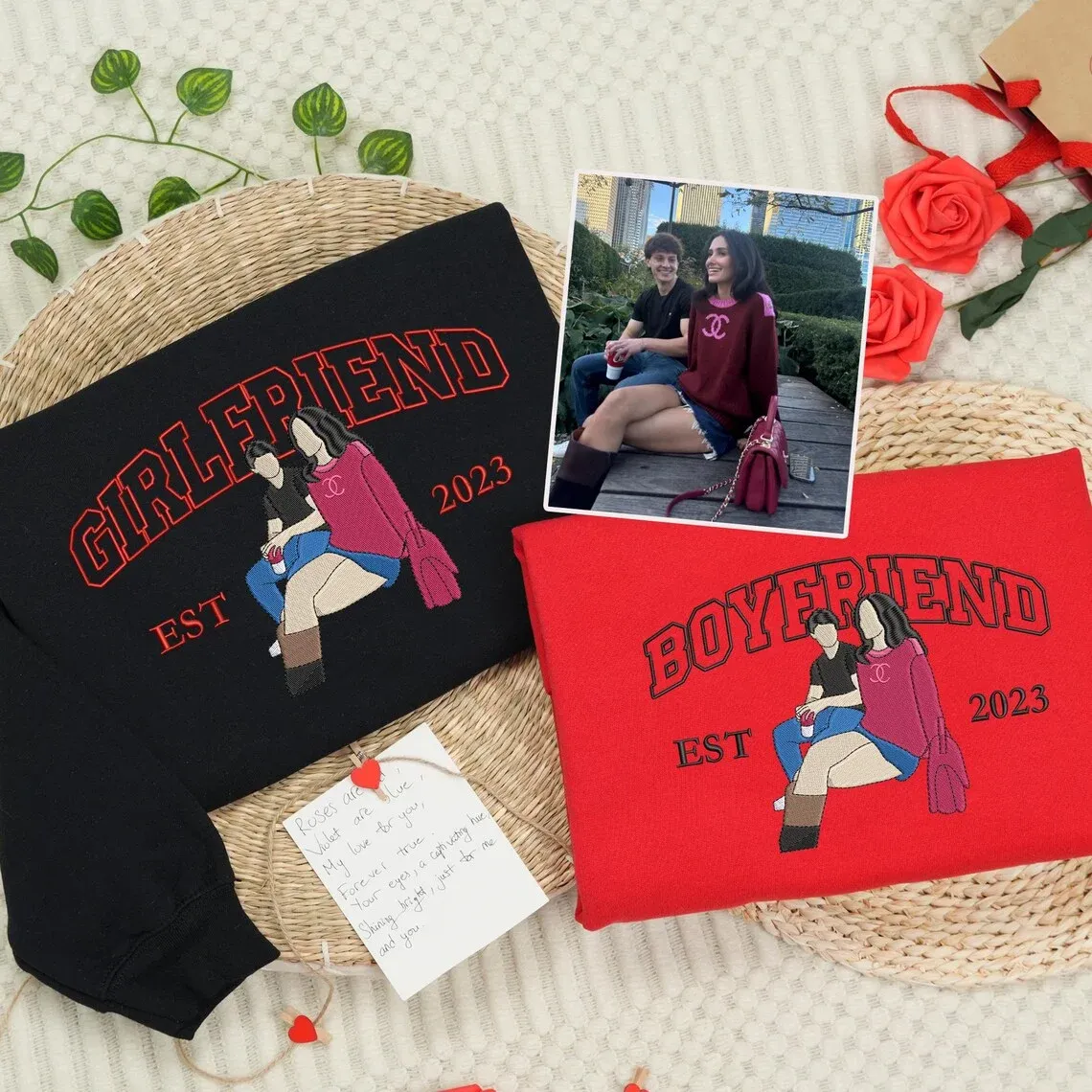 Forlovever Personalized Embroidered Photo Couple Boyfriend and Girlfriend Matching Sweatshirts