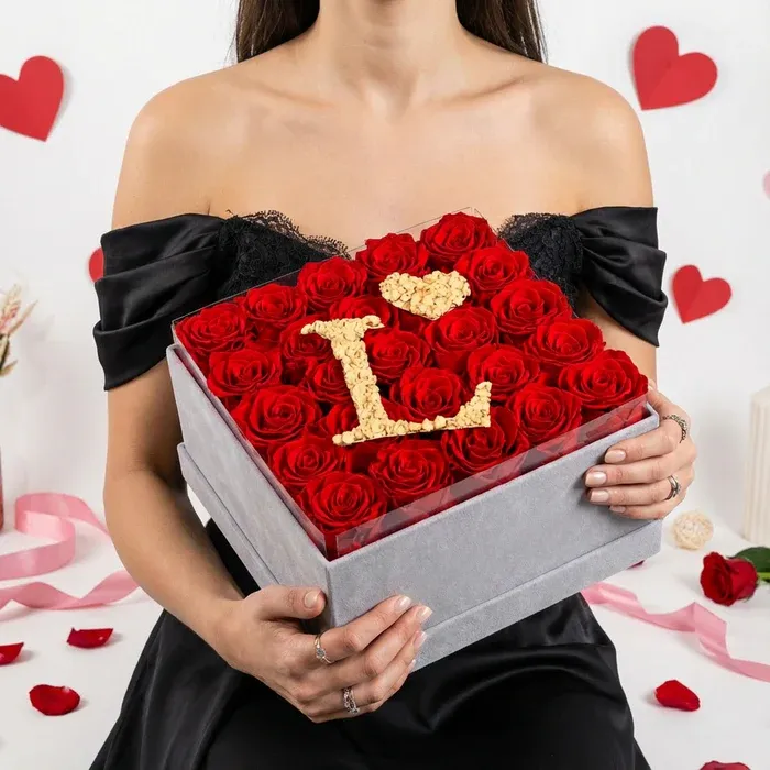 25 Flat-Box Glitter Rose Box With Initial Couple Gift