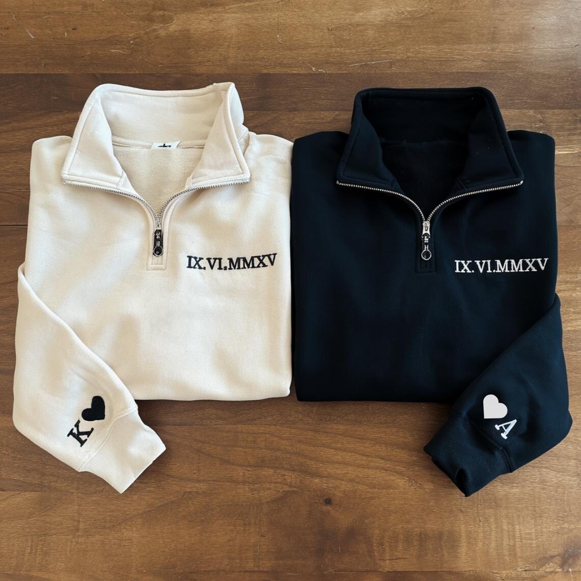 Embroidered Anniversary Quarter Zip Sweatshirt, Roman Numeral Couple Gift