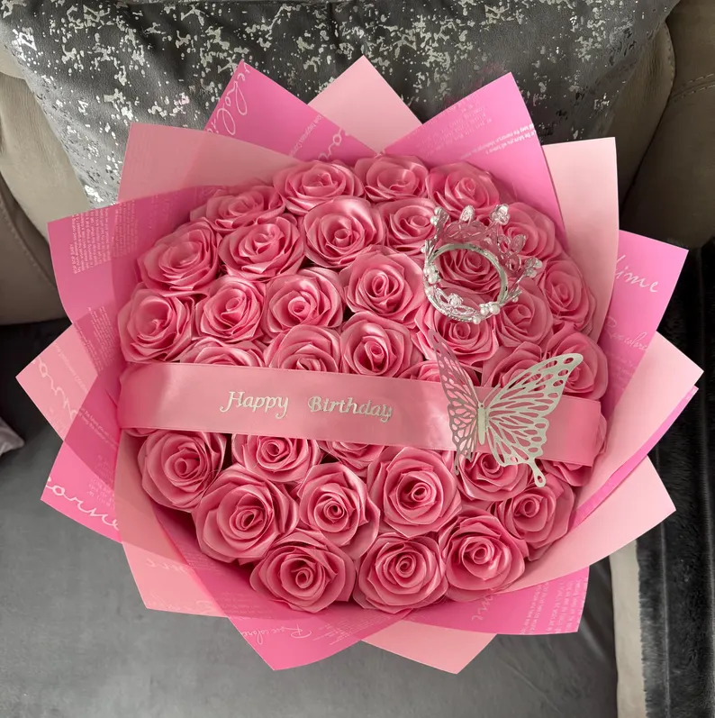 Pink Eternal Roses - HandMade From Satin Ribbon(Never Wither)