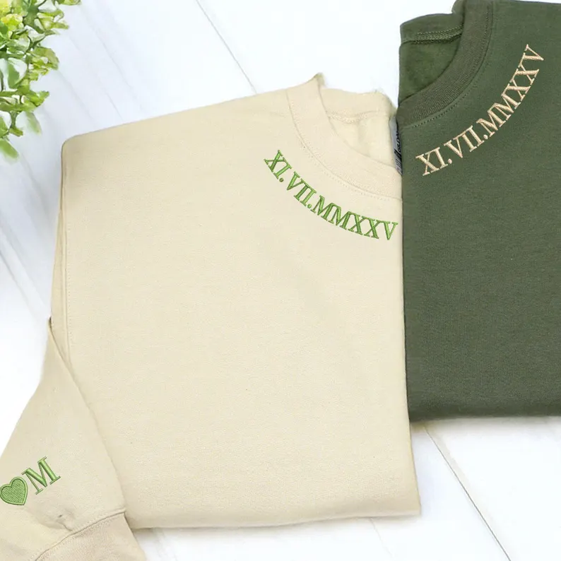 Custom Neckline Embroidered Roman Numeral Sweatshirt , Anniversary Couple Gift
