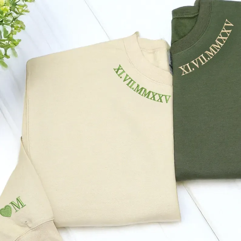 Custom Neckline Embroidered Roman Numeral Sweatshirt , Anniversary Couple Gift
