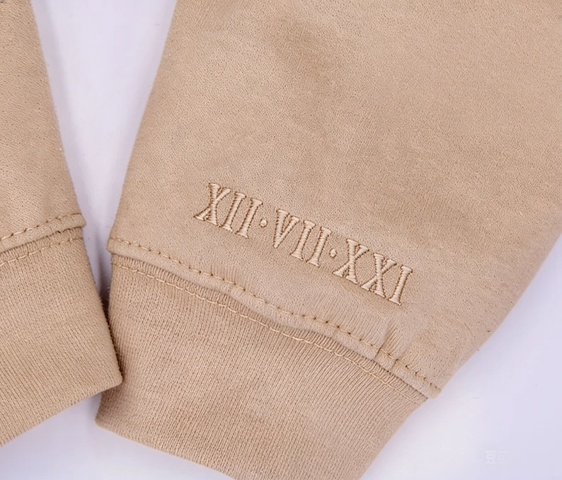 Subtle Anniversary Date on Sleeve Couples Sweatshirt Minimalistic Hoodie Wedding Date, Embroidered Roman Numerals Monochromatic Sweater