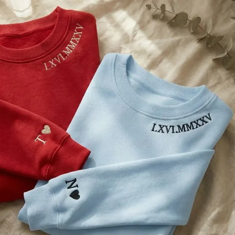 Custom Neckline Embroidered Roman Numeral Sweatshirt , Anniversary Couple Gift