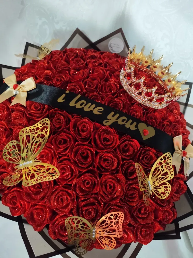 Red Glitter Rose Bouquet-Couple Glitter Everlasting Rose Bouquet (Never Wither)