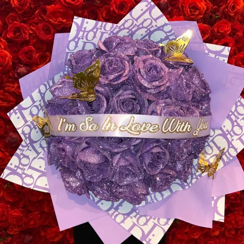 Lavender Glitter Rose Bouquet-Couple Glitter Everlasting Rose Bouquet (Never Wither)