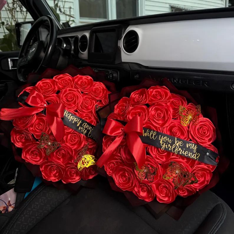 Red Eternal Roses - HandMade From Satin Ribbon(Never Wither)