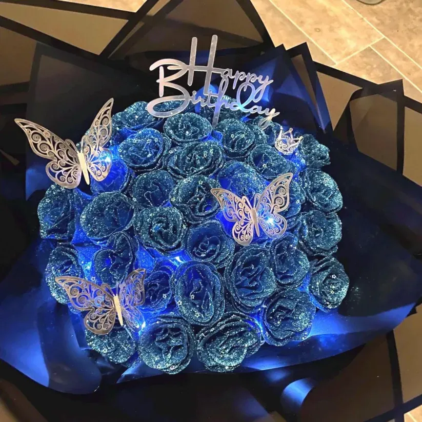Blue Glitter Rose Bouquet-Couple Glitter Everlasting Rose Bouquet (Never Wither)