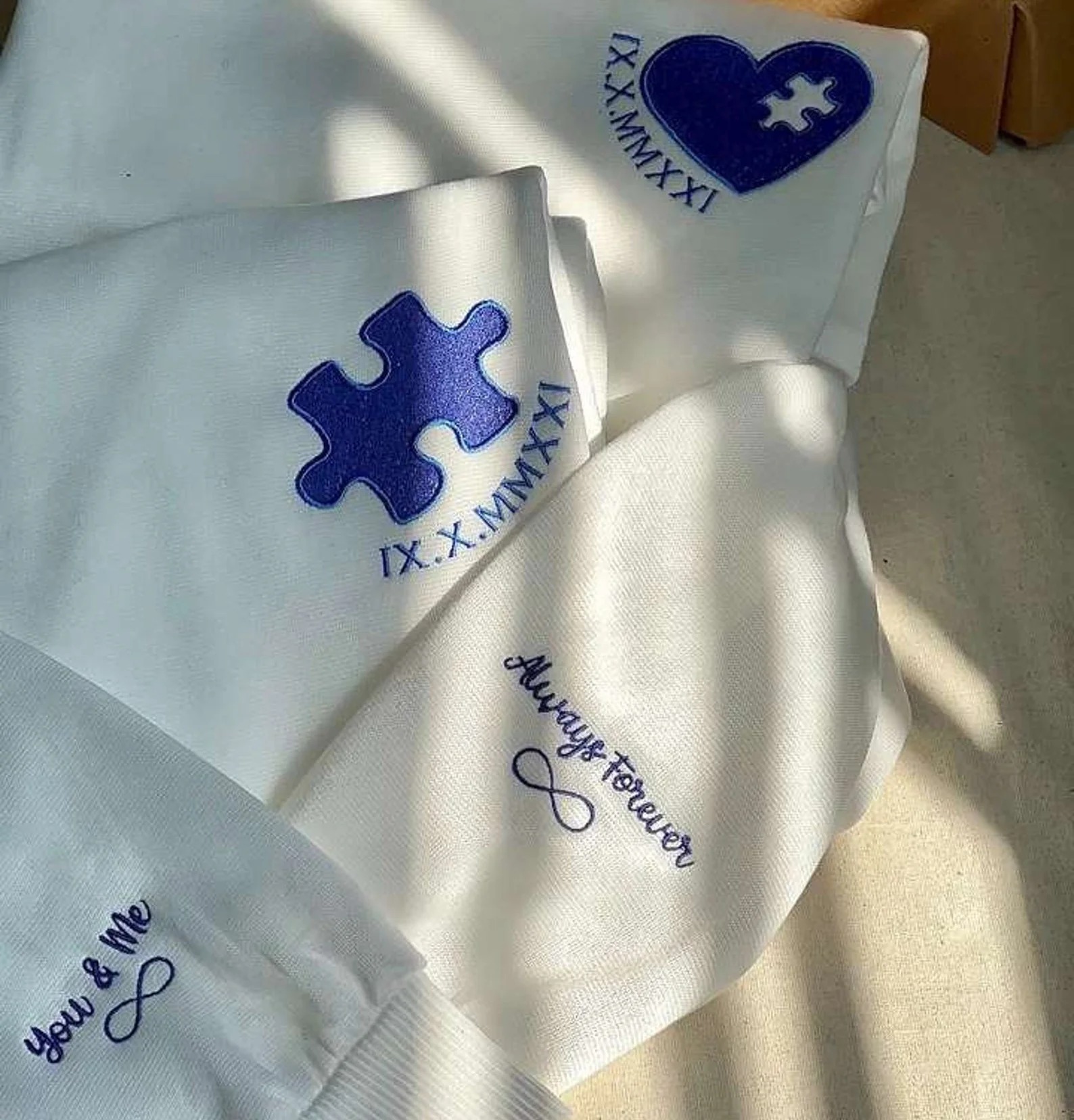 Custom Embroidered Heart and Puzzle Roman Numeral Hoodie Couple Gift