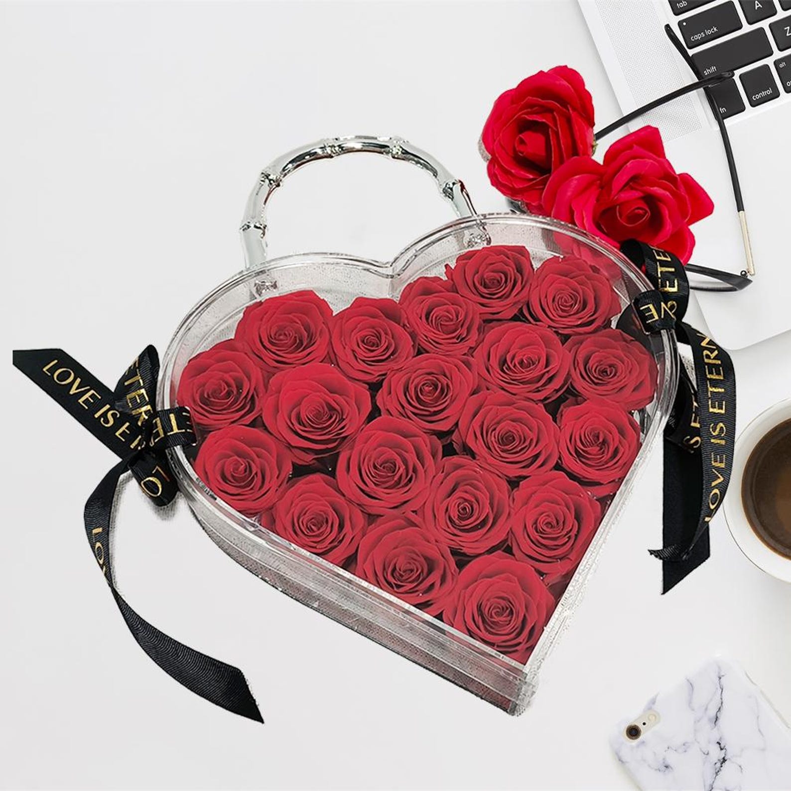 Glitter Rose Heart-Shaped Preserved Box, Valentine's Day Gift