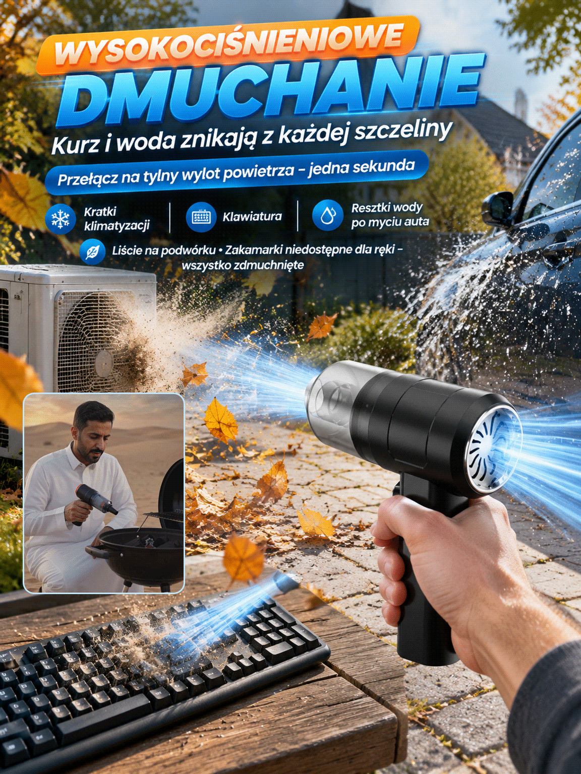 Bezprzewodowy Odkurzacz Samochodowy 4w1 z Turbodmuchem – Zestaw Wielofunkcyjny