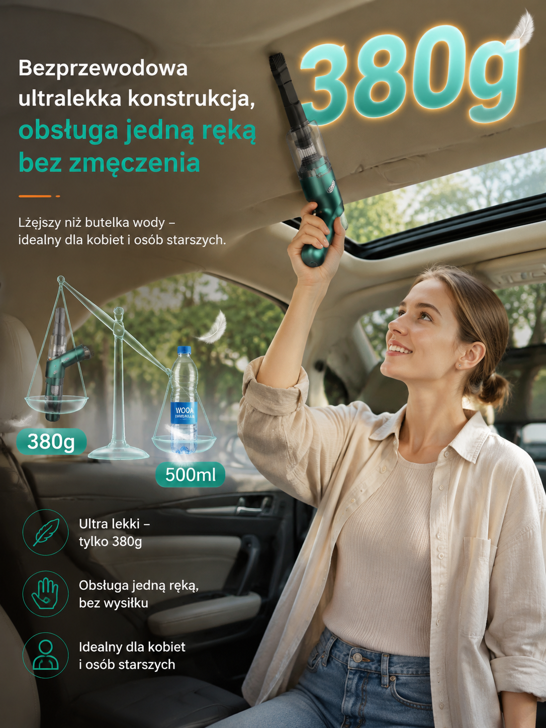 👍Bezprzewodowy Odkurzacz Samochodowy i Domowy 10000Pa, Lekki 380g, Zmywalny Filtr