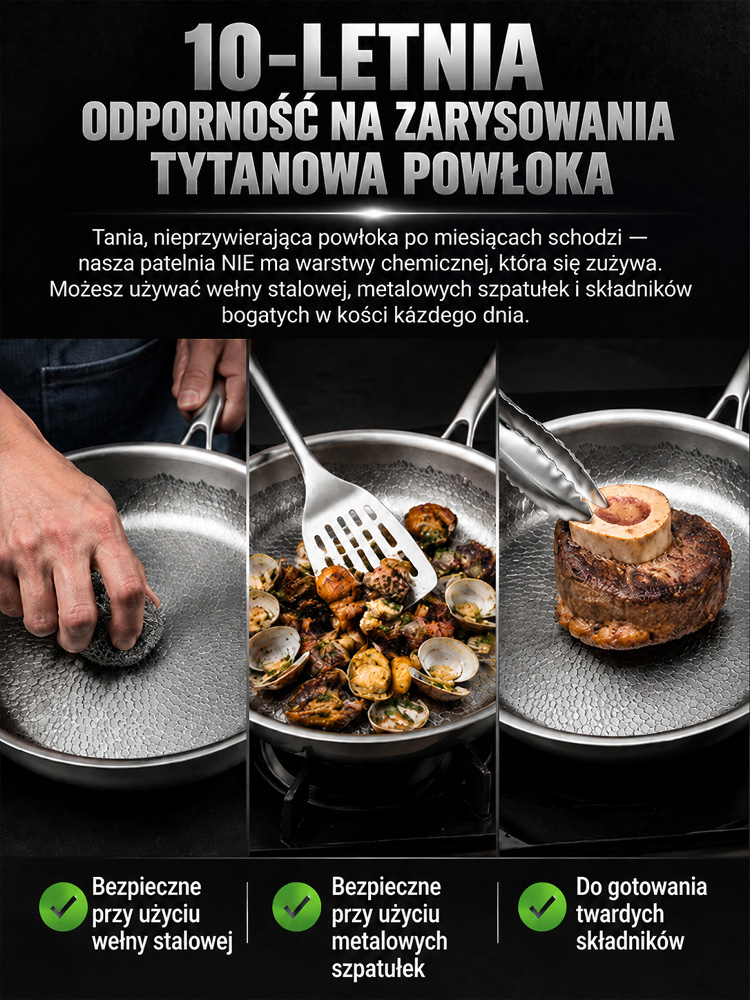 👍Premium Kuta Patelnia ze Stali Nierdzewnej | Bez Chemicznych Powłok i Nieprzywierająca | Odporna na Zarysowania