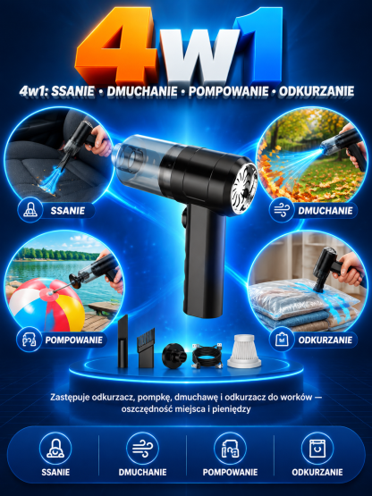 Bezprzewodowy Odkurzacz Samochodowy 4w1 z Turbodmuchem – Zestaw Wielofunkcyjny