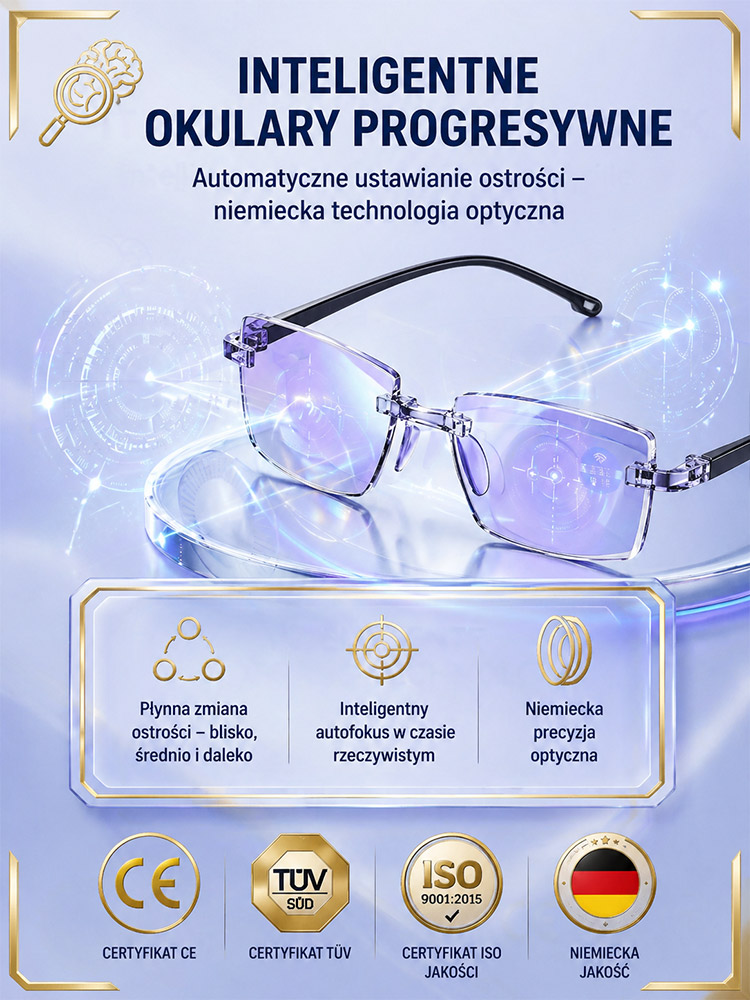 👍Inteligentne Okulary Progresywne 3w1 (Niemiecka Technologia) | Fotochromowe | Odporne na Złamania [-50% WYPRZEDAŻ]
