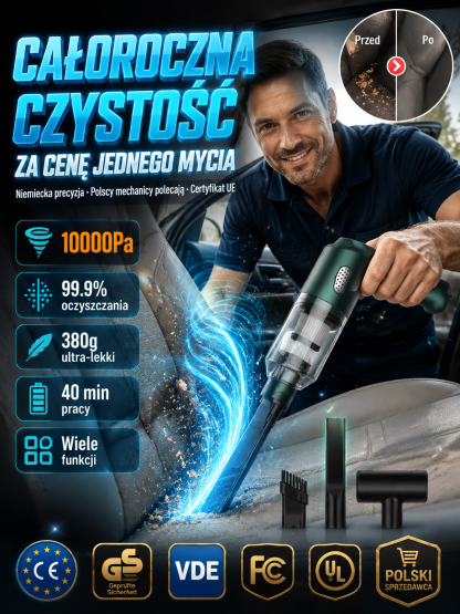 👍Bezprzewodowy Odkurzacz Samochodowy i Domowy 10000Pa, Lekki 380g, Zmywalny Filtr