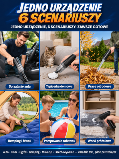 Bezprzewodowy Odkurzacz Samochodowy 4w1 z Turbodmuchem – Zestaw Wielofunkcyjny