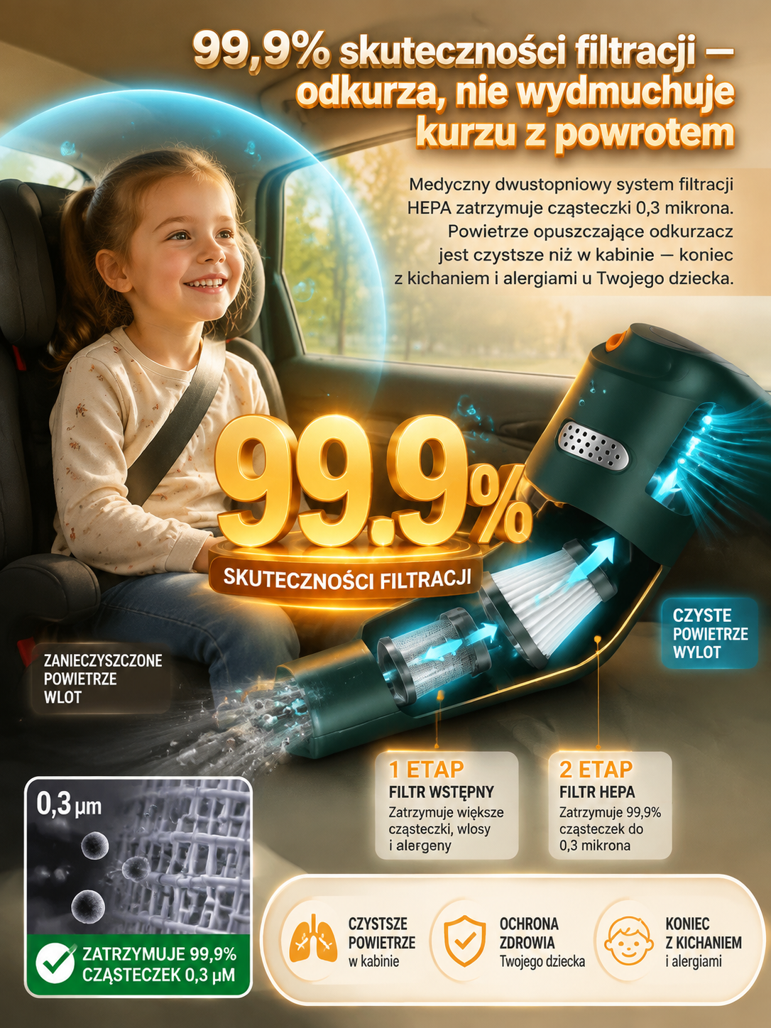 👍Bezprzewodowy Odkurzacz Samochodowy i Domowy 10000Pa, Lekki 380g, Zmywalny Filtr