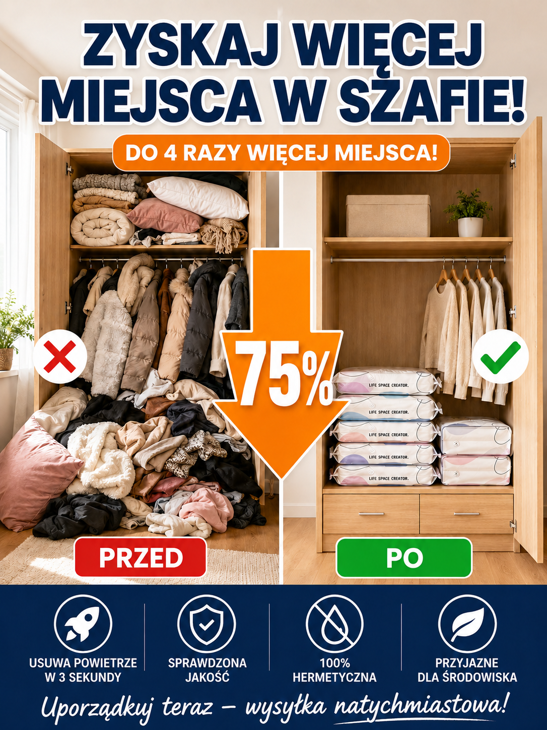 [Kup 1 Dostaniesz 1] Magiczny Worek Próżniowy Bez Pompki - Kompresja w 3 Sekundy