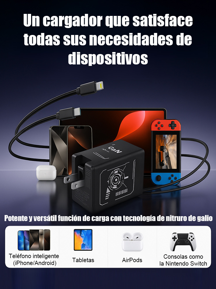 Cargador 120W GaN con Cable Retráctil – Carga 75% en 30 Minutos | Envío Gratuito!