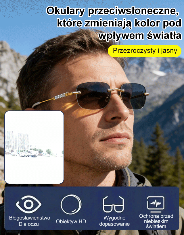 Bez badania wzroku – Technologia optyczna Jena – inteligentne soczewki progresywne „Gwiazdowe Niebo” | Automatyczne ustawienie ostrości dla krótkowzroczności i dalekowzroczności | Filtr światła niebieskiego | Fotoczułe przyciemnianie | Bardzo lekka oprawk