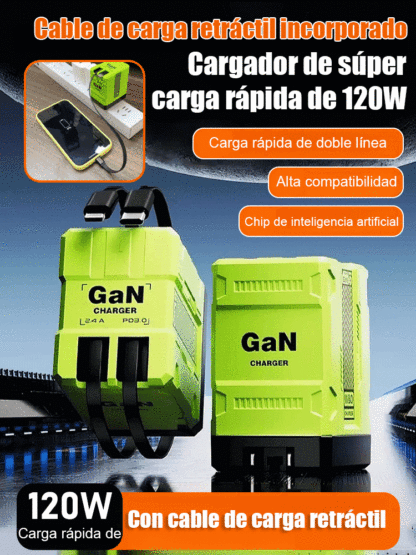 Cargador 120W GaN con Cable Retráctil – Carga 75% en 30 Minutos | Envío Gratuito!
