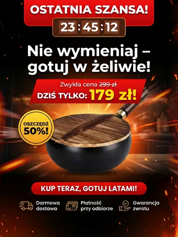 Patelnia nieprzywierająca, wyprodukowana w Japonii, z niemieckim certyfikatem zdrowotnym.