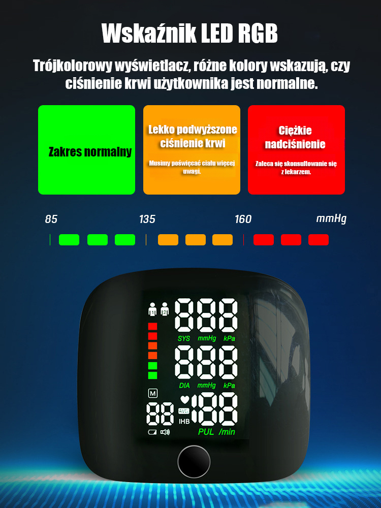 ✅ Zatwierdzone przez FDA, CE i SGS, dokładność pomiaru ciśnienia krwi w zakresie ±3 mmHg, dokładność pomiaru pulsu w zakresie ±5%.