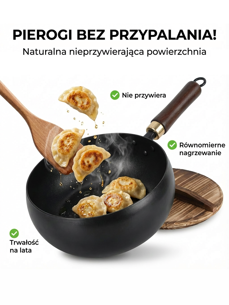 Patelnia nieprzywierająca, wyprodukowana w Japonii, z niemieckim certyfikatem zdrowotnym.