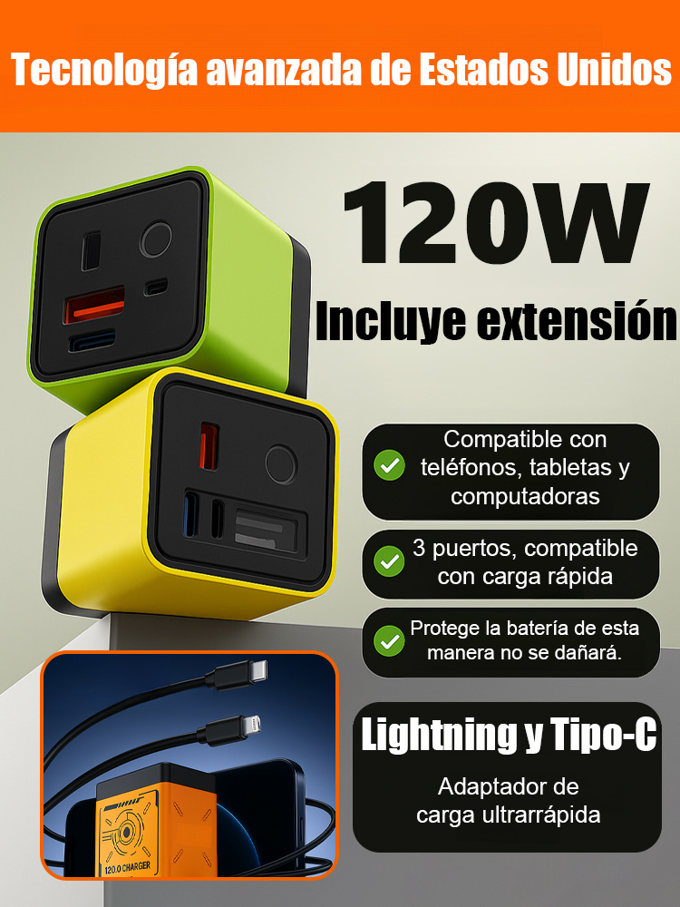 Cargador 120W GaN con Cable Retráctil – Carga 75% en 30 Minutos | Envío Gratuito!