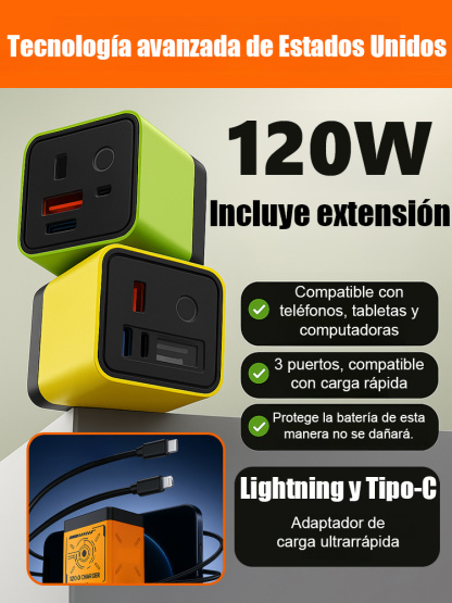 Cargador 120W GaN con Cable Retráctil – Carga 75% en 30 Minutos | Envío Gratuito!