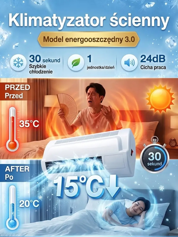 Przenośna klimatyzacja,Bez jednostki zewnętrznej i drogiego montażu. Chłodzi/grzeje 120 m² w 3 min. 