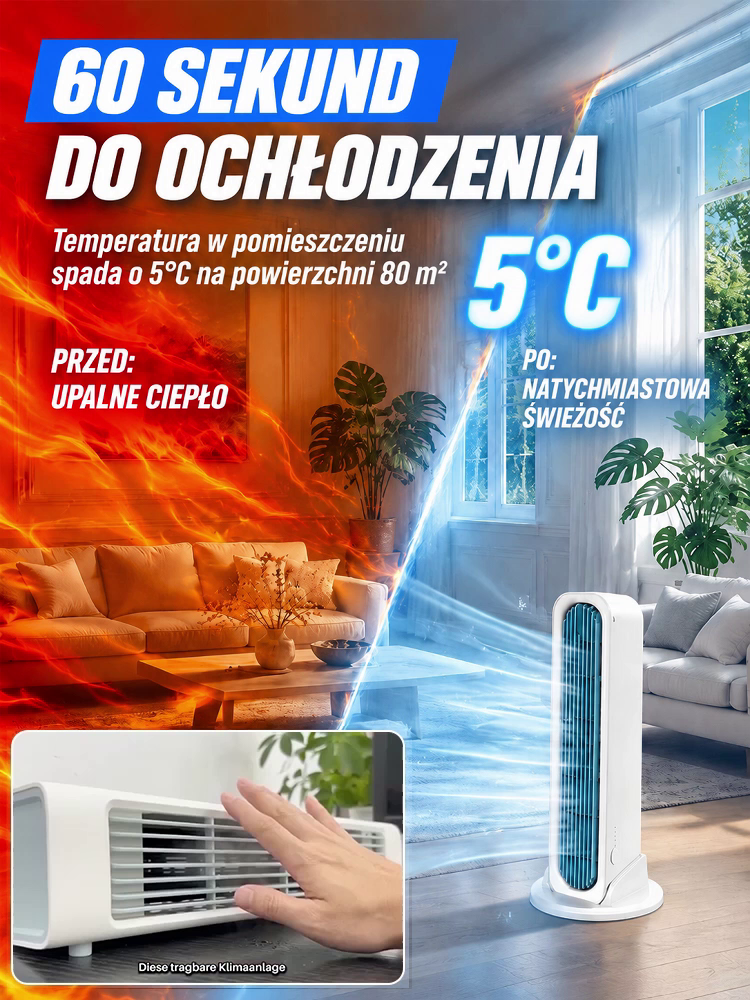 Wieżowy wentylator 2w1 stojąco-leżący, szybkie chłodzenie w 60 sekund