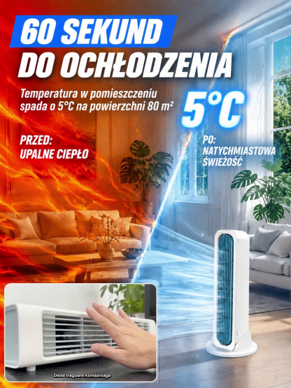 Wieżowy wentylator 2w1 stojąco-leżący, szybkie chłodzenie w 60 sekund