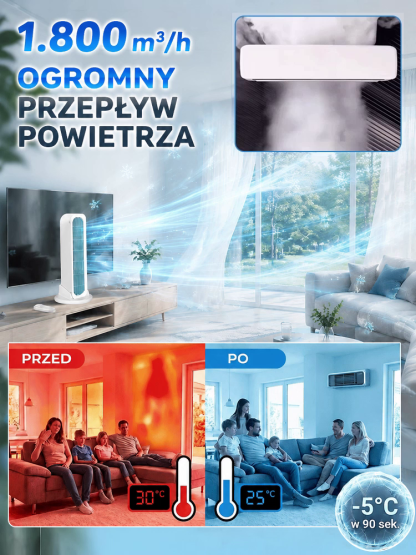Wieżowy wentylator 2w1 stojąco-leżący, szybkie chłodzenie w 60 sekund