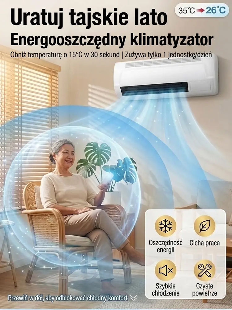Przenośna klimatyzacja,Bez jednostki zewnętrznej i drogiego montażu. Chłodzi/grzeje 120 m² w 3 min. 