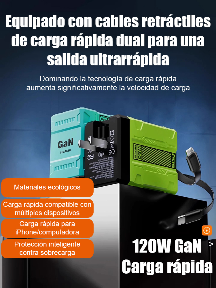 Cargador 120W GaN con Cable Retráctil – Carga 75% en 30 Minutos | Envío Gratuito!