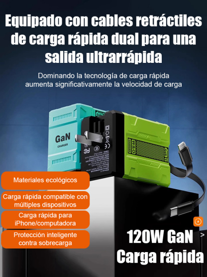 Cargador 120W GaN con Cable Retráctil – Carga 75% en 30 Minutos | Envío Gratuito!