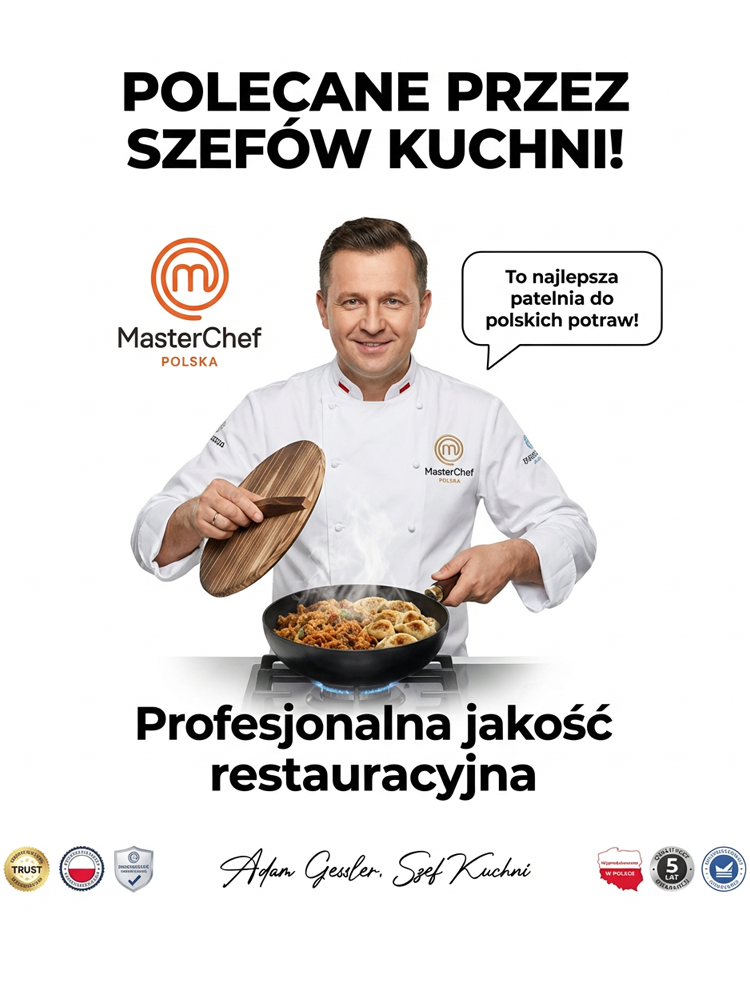 Patelnia nieprzywierająca, wyprodukowana w Japonii, z niemieckim certyfikatem zdrowotnym.