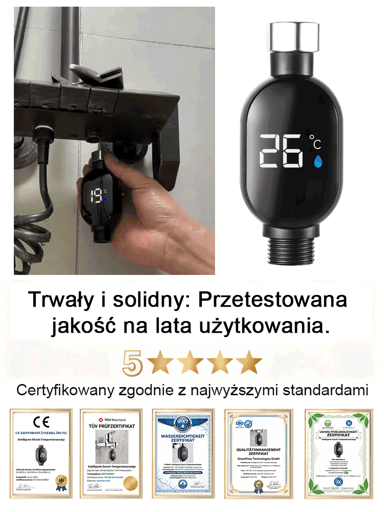 Inteligentny prysznic z wyświetlaczem temperatury. Gorąca woda w zaledwie trzy sekundy